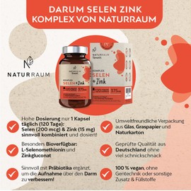 NaturRaum Selenium + Zinc Complex Capsules, 120 Extra Small Capsules, 200 mcg L-Selenomethionine + 15 mg Zinc Gluconate, High Dose for Vegans and Vegetarians, No Magnesium Stearate