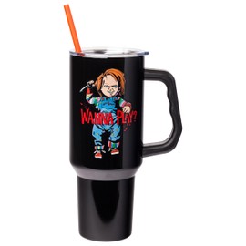Silver Buffalo Chucky Holding Knife Wanna Play Spooky Scary Stainless Steel Tumbler with Handle and Straw, Fits in Standard Cup Holder, 40 Ounces