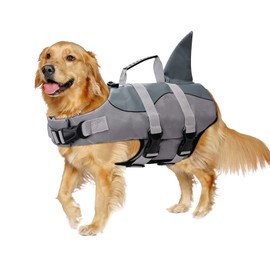 YUDISEN Dog Life Jacket, Dog Summer Swimming Shark Safety Vest with Adjustable Strap and Rescue Handle for Beach Pool Boating, With Free Dog Bath Brush (Grey, L)