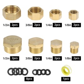 QWORK Pack of 16 Brass Blanking Plugs Water Pipe 1/8 1/4 1/2 3/8 Inch, Internal and External Thread, with Rubber Rings and Water Stop