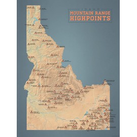 Idaho Mountain Range Highpoints Map 18x24 Poster (Camel & Slate Blue)