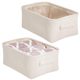 mDesign Soft Cotton Fabric Closet Storage Organizer Bin Basket with Lined Interior and Attached Carrying Handles for Bathroom Vanity, Cabinet, Shelf, Countertop - Wide, 2 Pack - Cream/Beige