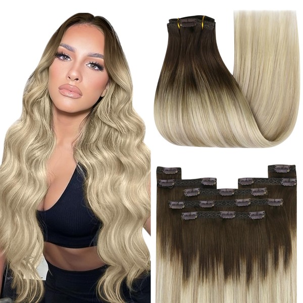 YoungSee Clip-In Real Hair Extensions Balayage Real Hair Extensions Clip Balayage Bruan Blonde Clip Real Hair Extensions Clip in Hair Extensions Real Hair Extensions Clip in 7 Pieces 55 cm #4/14/60