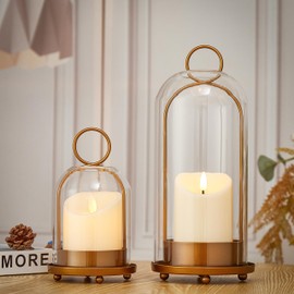 Gdfmsc Hurricane Metal & Glass Candle Holder Gold Set of 2, Decorative Candlestick Pillar Candle Holder with Clear Glass for Wedding Party Christmas Holiday Dining Table Centerpiece Lanter