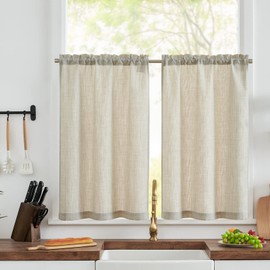 TOPICK Half-Curtains, Bistro Curtains, Linen Look Window Curtains, Gauze Window Scarves, Semi-Transparent, Kitchen, Living Room, Country House, Set of 2, 63 (W) x 60 (H) (cm), Beige