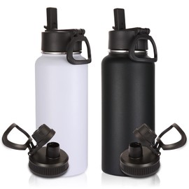 Volhoply 1 Litre Insulated Water Bottles Bulk 2 Pack with Straw & Spout Lid,Stainless Steel Sports Water Bottle,Double Wall Vacuum Thermos,Leakproof Wide Mouth Metal Flask for Hiking,Camping(Mix,2)