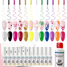 eodci Nail Art Gel Liner Set, 12 Colors Black White Hot Pink Yellow Green Glitter Fall Winter Gel Polish for Swirl French Tip Painting Designs Soak Off Built Thin Brush DIY Nail Design Kit