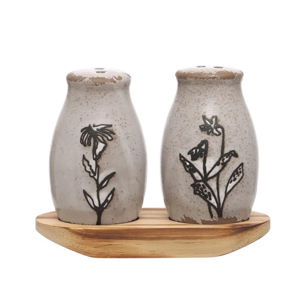 Vintage Floral Stoneware Salt and Pepper Shakers with Pine Tray,