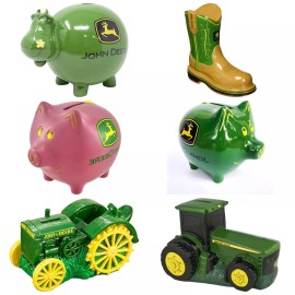 John Deere - Piggy Bank Farm Collection - Polyresin - Tractor - Boot - Cow - Pig - Green Piggy Bank - 5x4x4"