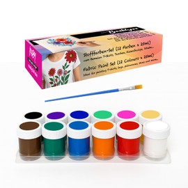 MEBY Textile Paints - Fabric Paint Set with Brush, Washable & Bright Textile Paints for Children & Adults, Ideal for T-Shirts, Bags & Fabrics (12 Colours x 25 ml)