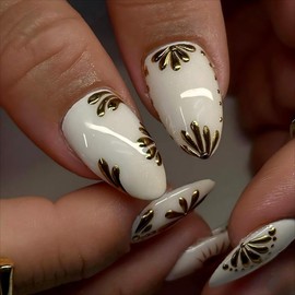 PODUOJIEYI Press on Nails Medium Almond Fake Nails 3d Gold Chrome Flower Acrylic Nails with Red Heart Designs Glossy White Glue on Nails Full Cover Artificial Stick on Nails for Women Manicure 24Pcs