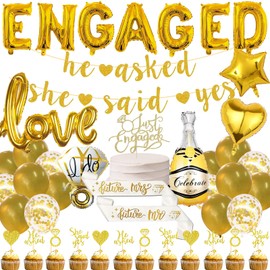 Gold Engagement Party Decorations Balloons - 42 Pcs Gold Engage Supplies Including Banner Diamond Ring Cupcake Toppers Balloons Shoulder Strap For Engagement Party Bridal Shower Decorations