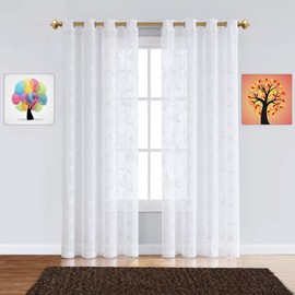 Warm Home Designs Pair of 2 Sheer White Faux-Linen Standard Size Curtain Panels with Beautiful White Color Stitched Leaf Embroidery. Each Grommet Drape is 54" (Width) x 84" (Length). M White 84"