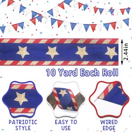 LANGFON 4th of July Fabric Ribbon Patriotic Star Decor Ribbon Brown Strips Burlap Wired Edge Ribbon for Veterans Day Independence Day Wrapping Party Decoration Craft Supplies 10 Yards 2.5 Inch 1 Roll