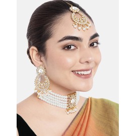 Aheli Kundan Pearl Choker Multi Layered Collar Pendientes con Maang Tikka Set Joyería de boda tradicional india para mujeres niñas (blanco)