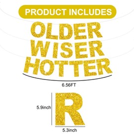 Older Wiser Hotter Glitter Banner Funny Birthday Banner for Women Men 30th 40th 50th 60th 70th 80th Birthday Party Decorations DIY Birthday Sign Birthday Gift (Gold)
