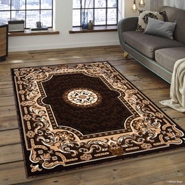 Allstar 5x7 Chocolate and Espresso Classic Floral French Country Machine Carved Effect Rectangular Accent Rug with Ivory and Mocha Bordered Medallion Design(5' 2" x 7' 2")
