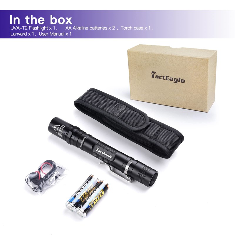 TactEagle UV Flashlight 365nm UV Light Blacklight UVA-T2 Powered by