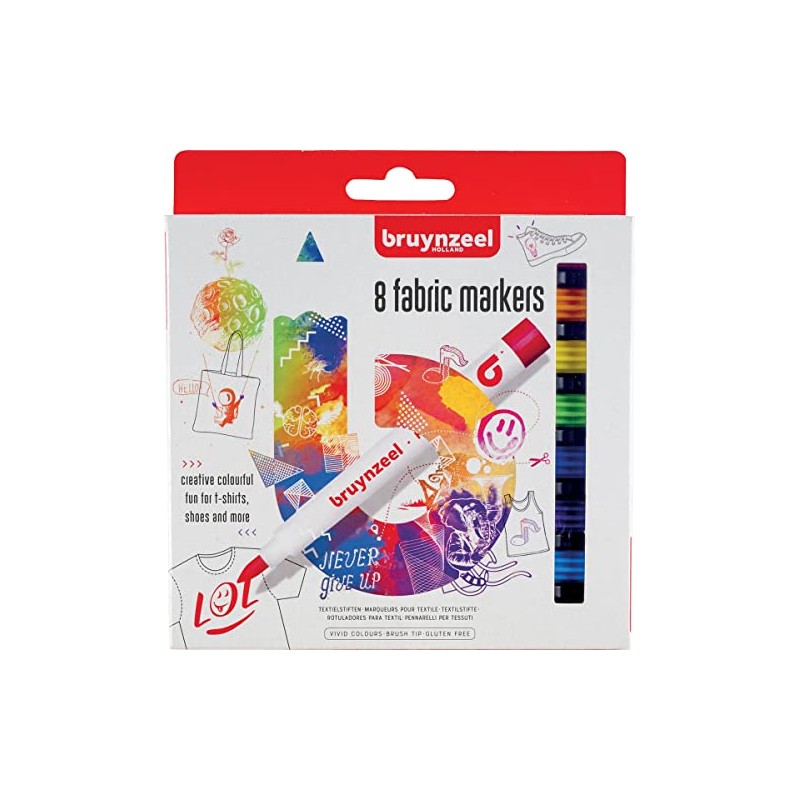 Talens Bruynzeel Fabric Markers, 8 Brush Tip Pens for Clothing