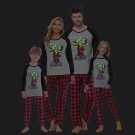 VENTELAN Christmas Pajamas for Family Holiday PJS Set with Deer Long Sleeve Tee and Red Plaid Pants,Women,2XL