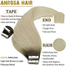 Anrosa 14 inch Tape in Hair Extensions Human Hair 50g Remy Human Hair Extensions Tape in Natural Hair Ash Brown to Blonde Fashion Color 20pcs