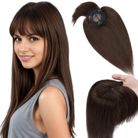 Elailite Hair Topper, Real Hair, Toupee Women's with Long Fringe, Clip-In Hairpiece, Hair Topper Base 10 x 10 cm (no line), 35 cm, #2 Dark Brown
