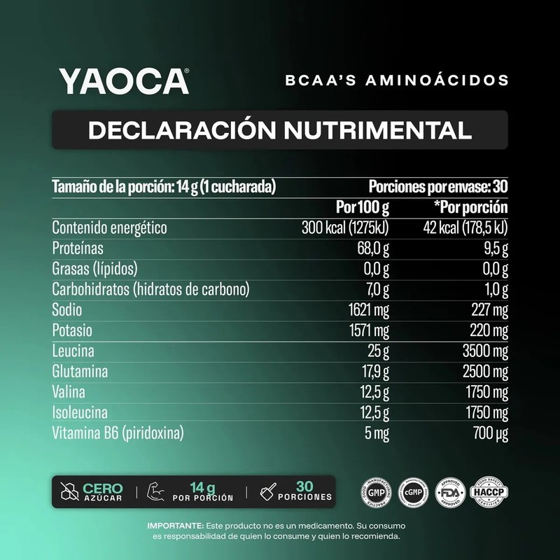 Bcaas Aminoácidos I Yaoca I 420 g I 30 Servicios