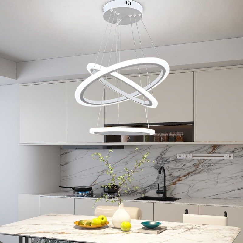O'NEELDY Modern LED Chandeliers White Pendant Light Fixture 3 Ring