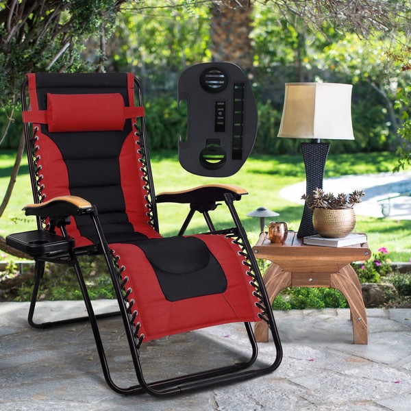 MAISON ARTS Oversize XL Padded Zero Gravity Lawn Chair Anti Gravity Lounge Chair Adjustable Recliner w/Pillow & Cup Holder Outdoor Camp Chair for Poolside Backyard Beach, Support 350lbs, Red