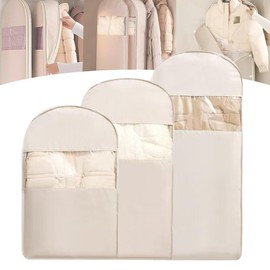 Space Saving Hanging Garment Bag with Self Compression Zipper with Large Clear Window Oat Beige Closet Organizer Otherwise Space-saving Compression Garment Bag(M+L+XL-3pcs)