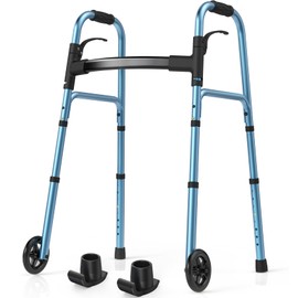 HolyHeal Walkers for Seniors, Folding Walker with Wheels and 2 Skis, Lightweight Rolling Walker Supports Up to 350 Pounds, Adjustable Height, Adult Compact Standard Walkers with Aluminum Frame, Blue