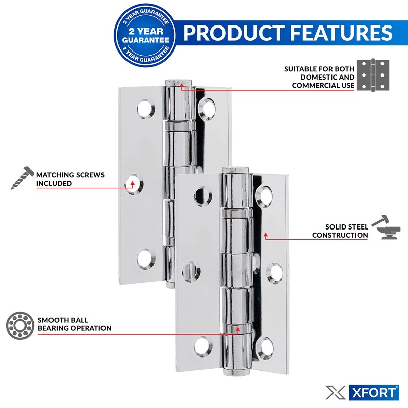 XFORT 3 inch (75mm) Polished Chrome Ball Bearing Hinges, Steel