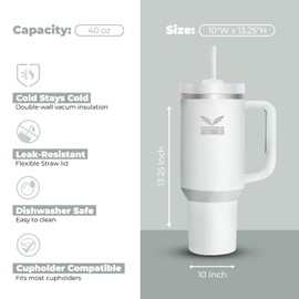 JUSTUMBLER 40 Oz Tumbler with Handle - Leak Proof Insulated Tumbler with Straw & Lid - BPA-free Stainless Steel Tumbler includes Silicone Boot, 3 Straws, 2 Straw Caps, & Cleaning Brush - Frost