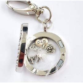 DAD In Memory Keyring. Real White Feather, Angel Wings, Rose, Love Charms. Round Silver Floating Locket Trinket. Handbag Charm. Clip On. Lost Loved One