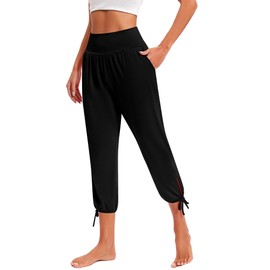 Locoowai 3 Pcs Women Capri Yoga Pant Casual Loose Workout Pant Lightweight Cropped Running Jogger Lounge Capri with Pocket (Black, Royal Blue, Apricot,X-Large)