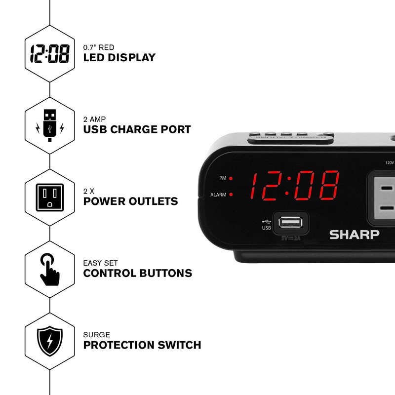 Sharp Digital Alarm Clock with 2X Power Outlets with Surge