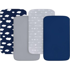 Travel Cot Sheets 95x65cm Fitted, 4 Pack Ultra Soft & Breathable Travel Cot Mattress Sheets, Baby Bedside Crib Sheets, Navy Cloud
