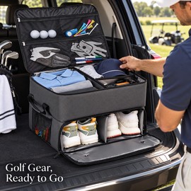 2-Layer Waterproof Golf Trunk Organizer with Ventilated 2-Pair Shoe Compartment and Adjustable Storage Dividers