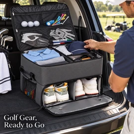 2-Layer Waterproof Golf Trunk Organizer with Ventilated 2-Pair Shoe Compartment and Adjustable Storage Dividers