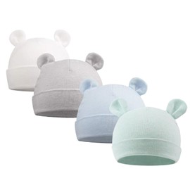 XIAOHAWANG Original Cotton Newborn Beanies Striped Cute Baby Hat for Boys Girls Bear Ears Infant Beanie (White+Blue+Gray+Green, 0-6 Months)