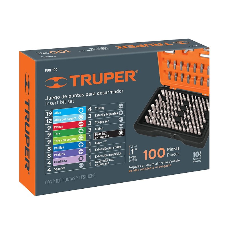 Truper PUN-100, Juego de 100 puntas, largo 1" con estuche