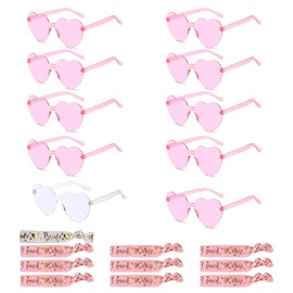 DOKLY 10 Pairs Heart Shaped Rimless Sunglasses Bulk Party Glasses 10Pcs Bride Tribe Wristbands Hair Ties for Women （Pink）