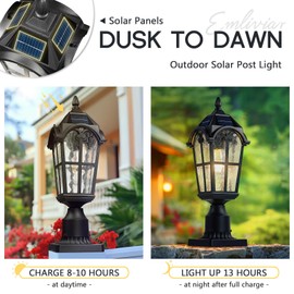 Emliviar 17.3 Inch Solar Lamp Post Light in Black Finish, Dusk to Dawn Outdoor Light Fixture with Remote Control, Pole Light with Water Grain Glass Shade, LED Bulb Included, YXE302P-SL BK
