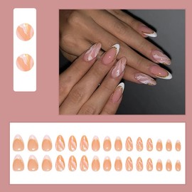 24 Pcs Pink French Tip Press on Nails Short Almond - YIHONGYAN Spring Fake Nails Press ons Nail Tips Acrylic Nail Art Kit Glue on Nails Full Cover Waves Glitter Art for Nails Women Manicure