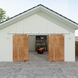 JUBEST 14FT Box Rail Exterior Barn Door Hardware Kit, Heavy Duty Sliding Door Track Kit Wall Mount Door Hardware Kit for Two Doors System(Doors Not Included), Silver