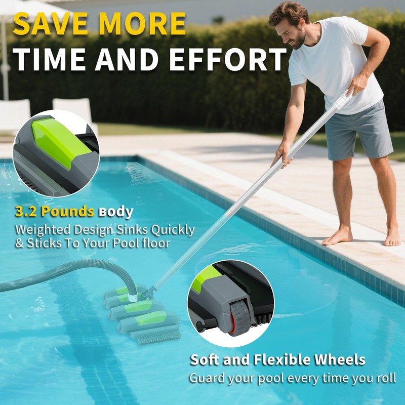 Heavy Duty Pool Vacuum Head with Wheels, 17.5" Flexible Side