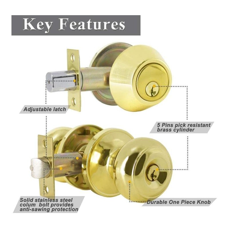 Probrico Polished Brass Keyed Entry Door Knob and Single Cylinder