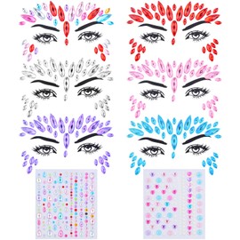 6 Sheets Acrylic Colorful Face Diamond Stickers Stick on Eyes Body Nails and 2 Sheets Mixed Color Self-Adhesive Waterdrop Sun Flower Rhinestone Stickers Gems for DIY Makeup Nail Art Decor