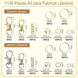 1130 Piezas Kit para Hacer Llaveros, Llaveros DIY, Incluye Llaveros, Cierres de Mosquetón Metálicos, Ganchos Giratorios y Cadenas Retráctiles; Ideal para Crear Accesorios Hechos A mano (Oro y plata)