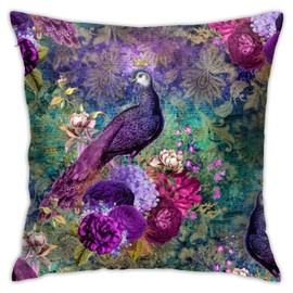 Elegant Purple Teal Peacock Floral Throw Pillow Case Square Cushion Cover for Home Sofa Bedroom Living Room Outdoor garden Car Decorative 45x45cm
